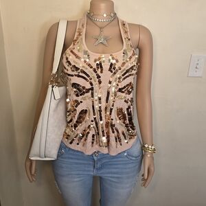 ☆Almost Famous Sequin Embellished Tank Top - Pink and Gold☆